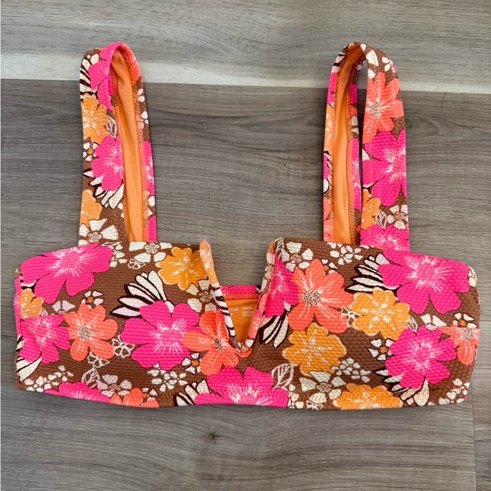 aerie Floral Bandeau Bikini Top - Pink, Orange & Brown